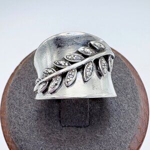 Vintage Sterling Silver 925 Diamond Accent Leaf Vinte Wide Tapered Ring Size 6.2